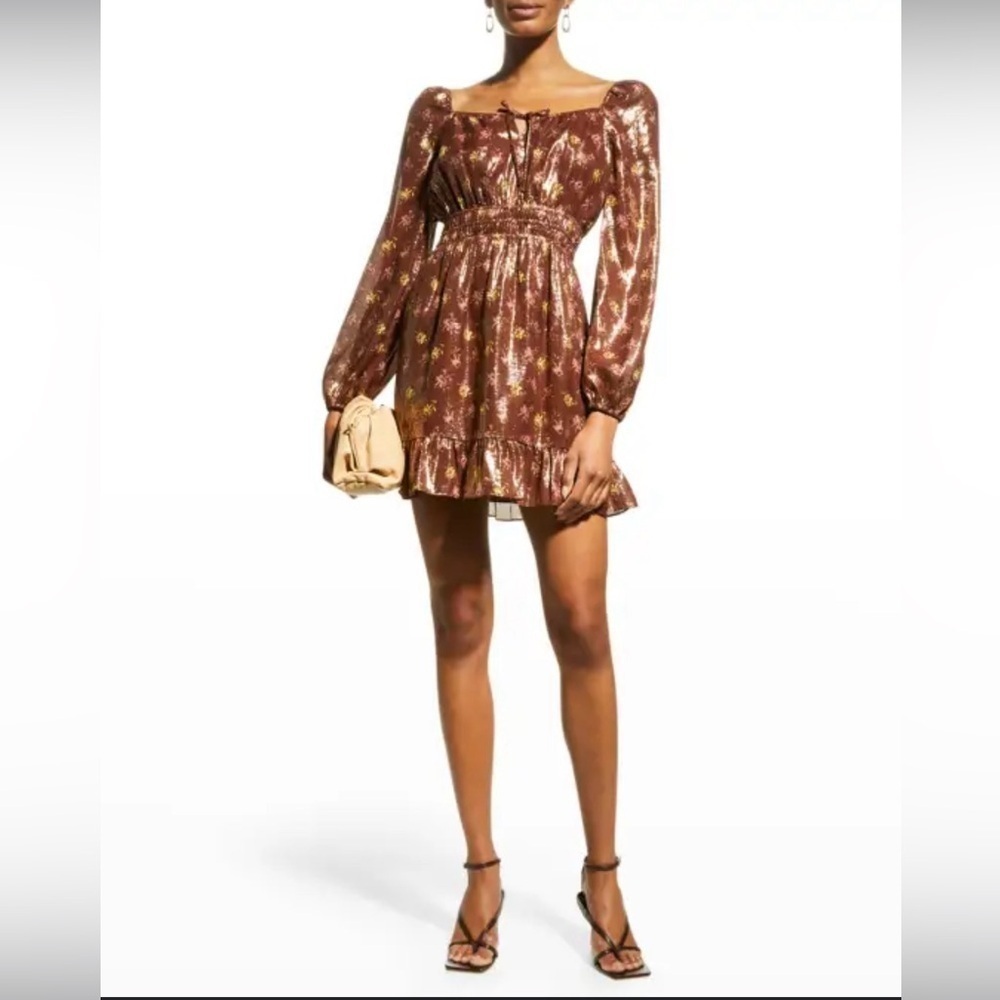 PAIGE Metallic Silk Blend Puff Sleeve Mini Dress Gold Bronze Ruffle Hem - Picture 2 of 10